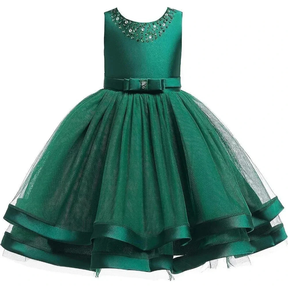 Flower Girls Ruffles Sequins Dress Vintage  Wedding Bridesmaid Party Dress